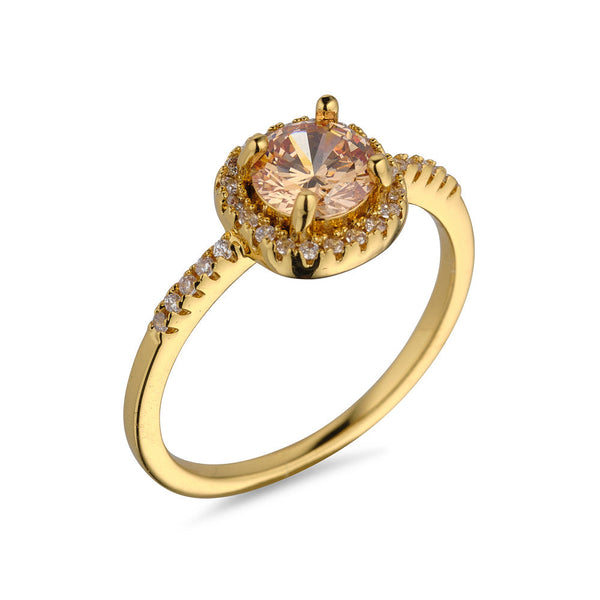 Classic style ring with beautiful champagne CZ solitaire surrounded by layer of CZ stones. Gold plating. S257RTR